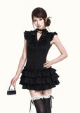 Fitted black dress with frilled neckline and button front