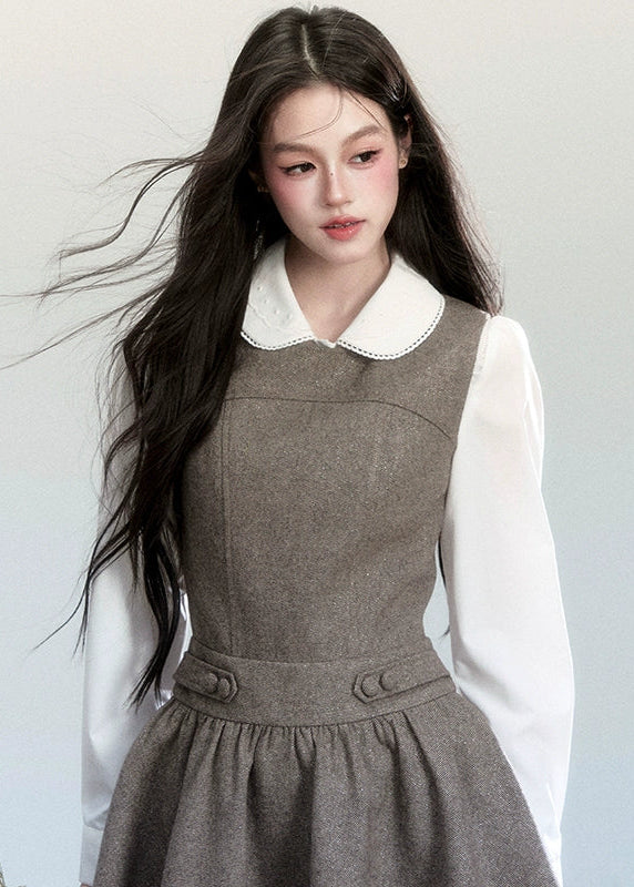 Fragileheart vest dress set, doll collar blouse, luxury Korean fashion, elegant autumn outfit, quiet luxury womenswear, pastel noir aesthetic, preppy Korean fashion, taupe layered dress, K-fashion 2025, modern feminine look, romantic school style, soft brown dress outfit, delicate preppy outfit, refined fall fashion