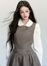Fragileheart vest dress set, doll collar blouse, luxury Korean fashion, elegant autumn outfit, quiet luxury womenswear, pastel noir aesthetic, preppy Korean fashion, taupe layered dress, K-fashion 2025, modern feminine look, romantic school style, soft brown dress outfit, delicate preppy outfit, refined fall fashion