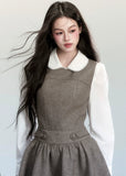 Fragileheart vest dress set, doll collar blouse, luxury Korean fashion, elegant autumn outfit, quiet luxury womenswear, pastel noir aesthetic, preppy Korean fashion, taupe layered dress, K-fashion 2025, modern feminine look, romantic school style, soft brown dress outfit, delicate preppy outfit, refined fall fashion