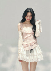 AOMALM layered off shoulder top, French romantic ruffle blouse women, feminine lace spring knitwear, Korean elegant off shoulder knit, quiet luxury romantic outfit, Parisian inspired ruffle knit top, delicate irregular lace blouse, romantic Korean French aesthetic clothing, lightweight spring knit top women, refined luxury womenswear blouse, soft feminine layered fashion, elegant pastel romantic knitwear, luxury Korean designer inspired top