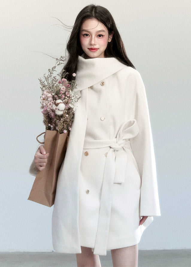 Fragileheart wool coat, scarf collar jacket, ivory belted coat, luxury Korean fashion, quiet luxury outerwear, pastel noir aesthetic, elegant winter coat, K-fashion 2025, soft feminine style, minimalist wool wrap, chic winter outfit, modern elegant outerwear, white long coat, sophisticated Korean womenswear