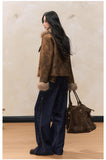 Retro coat brown slim fur splicing coat