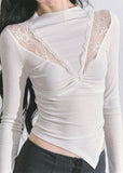 lace knit top, asymmetrical lace top, irregular cut long sleeve, Korean fashion top, Korean lace blouse, sexy lace T-shirt women, elegant lace knitwear, autumn lace top, sheer lace long sleeve, hollow lace shirt, Korean street style tops, Korean chic fashion, French style lace blouse, lace cutout top, women's fall lace shirt, aesthetic long sleeve top, Y2K lace top women, slim fit lace knit top, trendy lace long sleeve