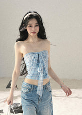 aomalm top set, blue plaid top, strapless bow top, korean feminine top, plaid bandeau top, summer cardigan set, blue danube top, sweet spicy summer top, feminine korean fashion, short summer top, plaid cami top, korean vacation outfit