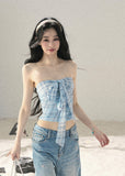 aomalm top set, blue plaid top, strapless bow top, korean feminine top, plaid bandeau top, summer cardigan set, blue danube top, sweet spicy summer top, feminine korean fashion, short summer top, plaid cami top, korean vacation outfit
