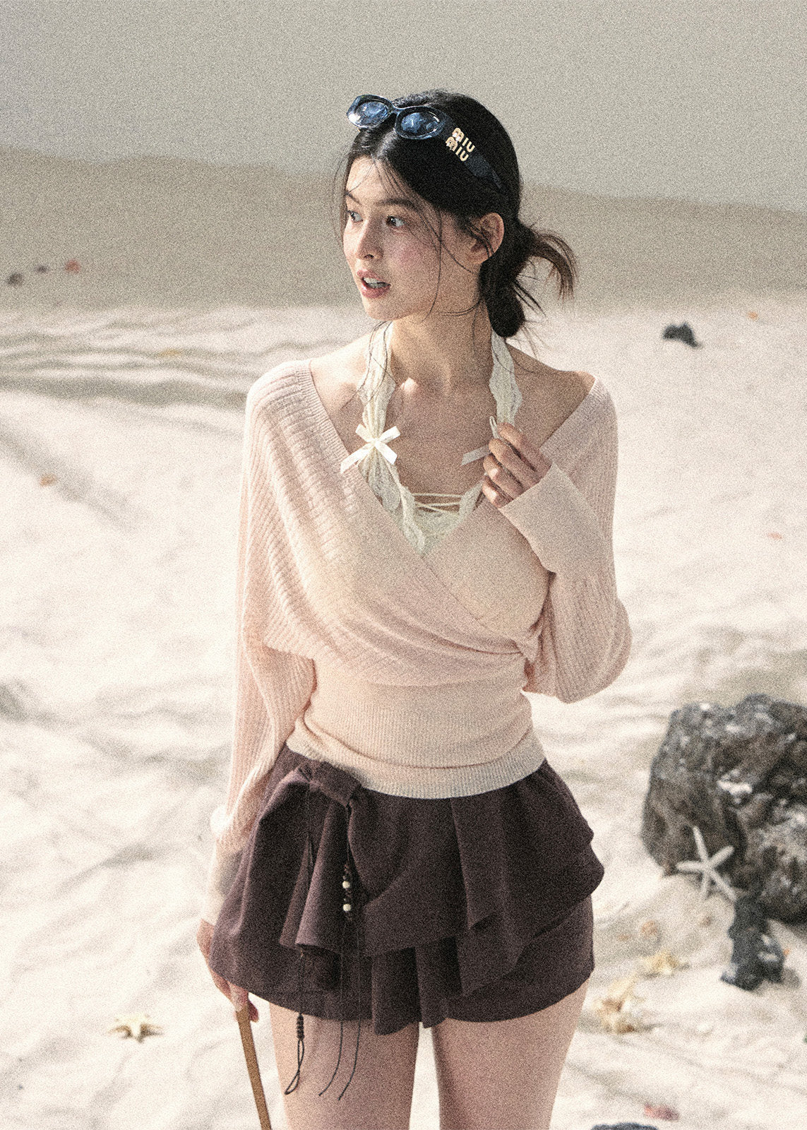 aomalm top, pink cover up top, v neck summer top, korean feminine top, sunscreen cover up women, lightweight summer layer, french style cover up, dopamine summer top, sheer wrap top, resort cover up top, feminine korean fashion, beach cover up blouse