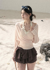 aomalm top, pink cover up top, v neck summer top, korean feminine top, sunscreen cover up women, lightweight summer layer, french style cover up, dopamine summer top, sheer wrap top, resort cover up top, feminine korean fashion, beach cover up blouse