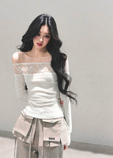 off shoulder lace top women, polka dot mesh shirt, autumn winter lace blouse, sheer neckline long sleeve top, korean off shoulder lace tee, hot girl winter top, fw25 lace mesh shirt, black white lace top women, elegant off shoulder blouse