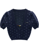 vintage crochet sweater women, puff sleeve lace knit top, romantic slim fit knitwear, fall winter feminine sweater, korean soft girl fashion, gentle sweet crochet top, v neck lace knit blouse, cottagecore puff sleeve sweater, nowa tokyo romantic knit style