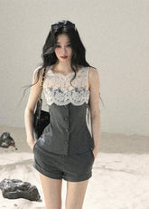 Romantic two-piece shorts set with button-front top