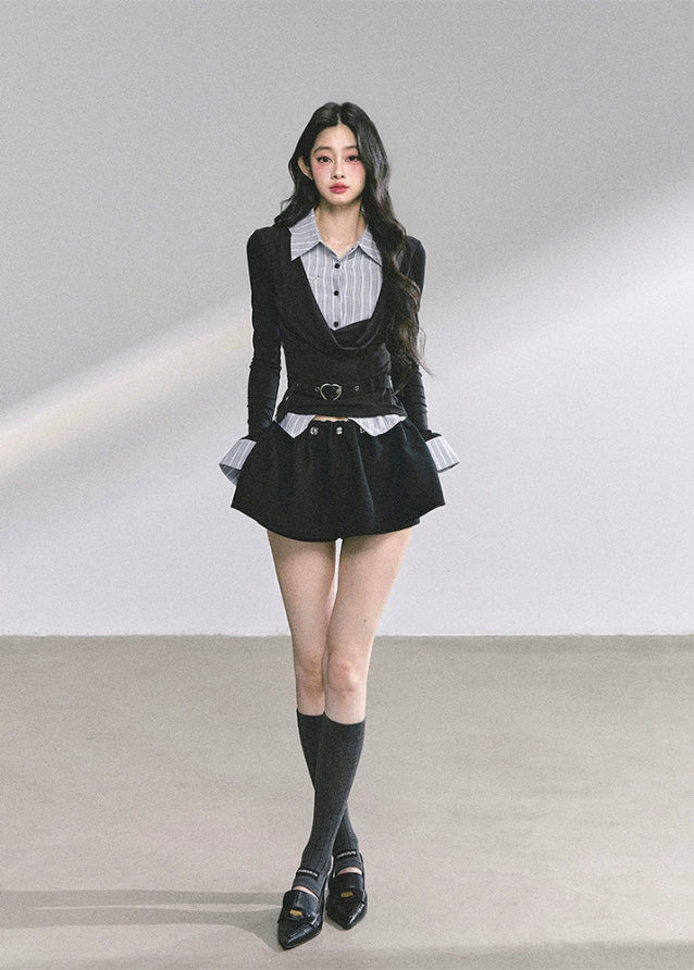 korean preppy top women, fake two piece striped shirt top, seoul fashion long sleeve knit, hot girl study outfit, korean streetwear autumn, slim fit korean fashion top, preppy long sleeve top women, elegant korean chic outfit, korean office girl style, two tone knitwear korea, french preppy fashion women, modern street chic korean look, fall fashion tops korea, slim waist long sleeve shirt, kfashion striped collar knit top