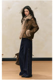 Retro coat brown slim fur splicing coat