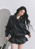 PU leather jacket, oversized moto jacket, black faux leather coat, Korean streetwear jacket, biker style jacket women, edgy autumn jacket, moto blouson top, trendy PU outerwear, hot girl street style, loose fit leather jacket, cool girl aesthetic jacket, Korean American fashion, fall leather jacket women, stylish biker coat, oversized motorcycle jacket