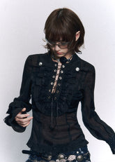 lace up top women, slim fit shirt women, sheer blouse women, grunge outfit women, edgy outfit women, street style top, punk style clothing, y2k edgy outfit, alternative fashion women, corset style top, black fitted blouse, urban streetwear women, mesh panel top, statement top women, fitted long sleeve top, rebellious fashion outfit, underground fashion women, dark aesthetic outfit, edgy streetwear women, slim gothic top
