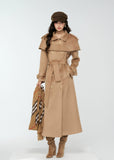 4muggle, camel trench coat, cape trench coat, British style long coat, women’s wool long trench, cape shoulder coat, tweed trench coat, autumn winter coat, elegant long jacket, detective coat style, classic camel wool coat, vintage British fashion, cape design outerwear, slim long coat women, stylish winter coat