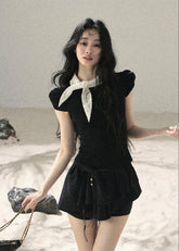 aomalm top, bow puff sleeve top, polka dot bow top, korean feminine top, french vintage top, black slimming top, puff sleeve t-shirt, waist defining top, feminine korean fashion, summer bow top, romantic black top, soft french style top