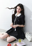 fragileheart cardigan, doll collar cardigan, korean collegiate top, ribbon knit cardigan, preppy cardigan top, feminine korean fashion, color block cardigan, pearl button cardigan, academy style top, sweet knit top, black doll collar top, korean preppy fashion