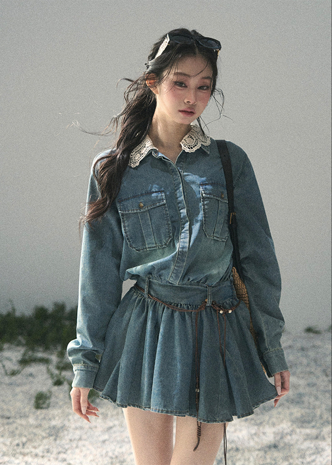 aomalm denim dress, lace collar denim dress, korean mini dress, denim shirt dress women, workwear style dress, feminine denim dress, vintage inspired mini dress, blue casual dress, long sleeve denim dress, korean fashion dress, cute utility dress, spring denim mini dress