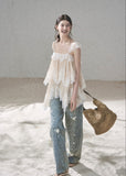 aomalm top, lace mesh top, french lace blouse, irregular lace top, korean feminine top, summer chiffon top, sheer lace blouse, resort summer top, romantic mesh top, feminine korean fashion, sea breeze top, lightweight lace t-shirt