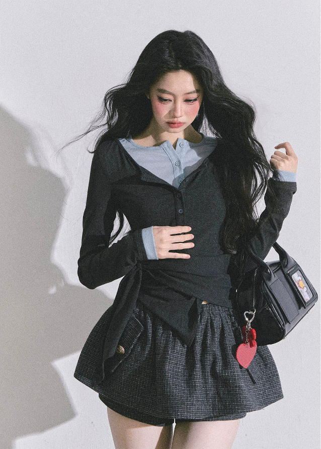 layered long sleeve top, fake two piece shirt, double layer tee, Korean fashion top, Korean-American street style, fitted long sleeve shirt, waist slimming top, hot girl aesthetic top, two tone collar top, casual layered tee, slim fit autumn top, trendy Korean tops for women, schoolgirl style top, aesthetic streetwear top, fall fashion womens tops, Y2K layered style, chic long sleeve shirt, boutique fashion tops, modern layered knit top