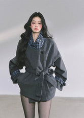 wool belted blazer, plaid collar wool coat, French tweed jacket women, Korean academia jacket, oversized wool top women, fall winter wool blazer, elegant wrap coat women, chic plaid lining jacket, boutique woolen outerwear, Korean fashion blazer, loose slimming wool coat, tweed overcoat women, autumn french style coat, high-end wool jacket women, 2025 fall fashion outerwear