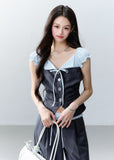 fragileheart set, korean two piece set, colorblock top set, feminine korean outfit, short sleeve top and pants set, cool girl fashion set, patchwork coordinated set, stylish casual set, korean matching set, slim top wide pants outfit, modern feminine set