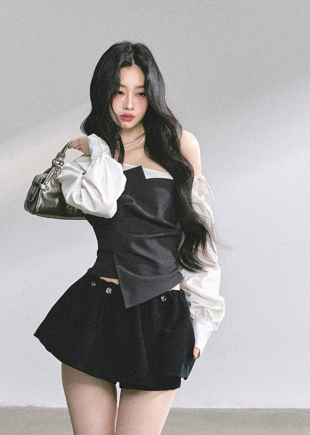 korean two tone blouse, asymmetric off shoulder shirt, french long sleeve top women, korean fashion contrast blouse, slim waist shirt women, korean autumn outfit top, elegant commuter top, kfashion two color blouse, trendy korean streetwear 2025, seoul chic long sleeve, black and white asymmetric top, korean office style top, elegant korean fashion, hepburn style top, contrast panel shirt women