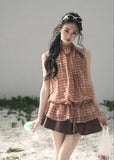 aomalm top, plaid halter top, feminine korean top, french style plaid blouse, summer halter blouse, waist drawstring top, tencel blend top, romantic summer top, vintage plaid top women, korean fashion blouse, soft vacation top, cute summer outfit