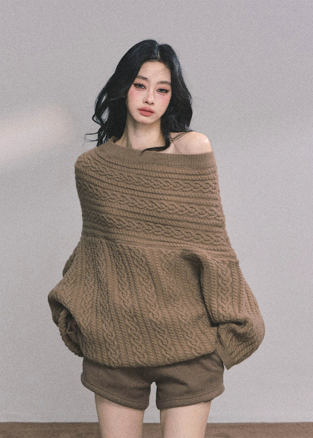 off shoulder sweater, oversized knit sweater, chunky knit top, fall winter knitwear, Korean fashion sweater, trendy off shoulder top, loose fit sweater women, cable knit pullover, Nordic style sweater, street style knit top, Korean American fashion, cozy winter sweater, wide neck sweater, casual oversized top, elegant french knitwear