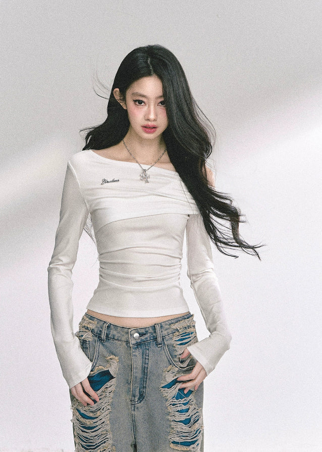 korean off shoulder long sleeve, korean hot girl top women, minimalist korean streetwear top, off shoulder drape knit top, korean fall fashion slim top, seoul style off shoulder shirt, korean aesthetic blouse women, korean sexy minimalist top, chic korean long sleeve shirt, korean modern street outfit, off shoulder hot girl korean fashion, korean autumn fitted top, french chic off shoulder design, korean straight shoulder long sleeve, kfashion minimalist fall top