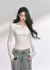 korean off shoulder long sleeve, korean hot girl top women, minimalist korean streetwear top, off shoulder drape knit top, korean fall fashion slim top, seoul style off shoulder shirt, korean aesthetic blouse women, korean sexy minimalist top, chic korean long sleeve shirt, korean modern street outfit, off shoulder hot girl korean fashion, korean autumn fitted top, french chic off shoulder design, korean straight shoulder long sleeve, kfashion minimalist fall top