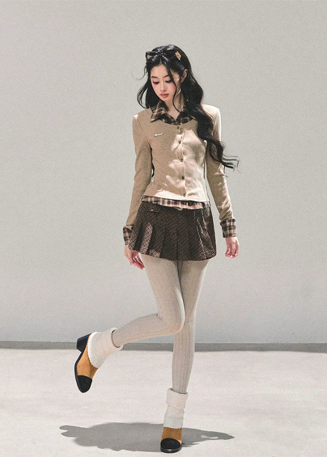 fake two piece polo top, long sleeve polo knit women, american preppy knit shirt, autumn polo collar top, layered knit t-shirt women, brown collared knit top, fw25 preppy knitwear, korean layered polo top, slim fit autumn knit shirt