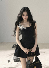 aomalm dress, black mini dress, floral lace dress, french floral dress, korean feminine dress, wisteria mini dress, puffy skirt dress, jacquard mini dress, black romantic dress, lace applique dress, feminine summer dress, elegant korean fashion
