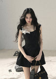 aomalm dress, black mini dress, floral lace dress, french floral dress, korean feminine dress, wisteria mini dress, puffy skirt dress, jacquard mini dress, black romantic dress, lace applique dress, feminine summer dress, elegant korean fashion
