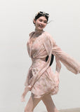 pink mini dress, chiffon mini dress, romantic summer dress, v neck pink dress, waist cinching dress, feminine vacation dress, long sleeve mini dress, elegant pink dress, oakmoo dress, resort mini dress