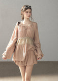Blush lace waist blouse and skort two-piece set