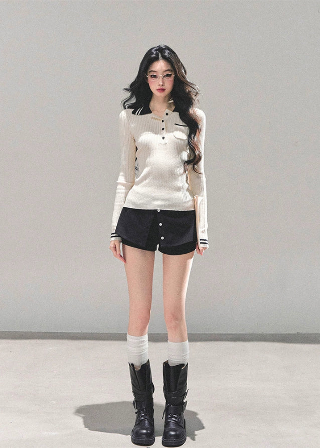 polo knit top women, ribbed long sleeve polo, slim fit knitted t-shirt, autumn winter polo top, american style knit tee, contrast collar knit top, wendy letter knit, fw25 ribbed top, preppy polo shirt women, korean slim knitwear