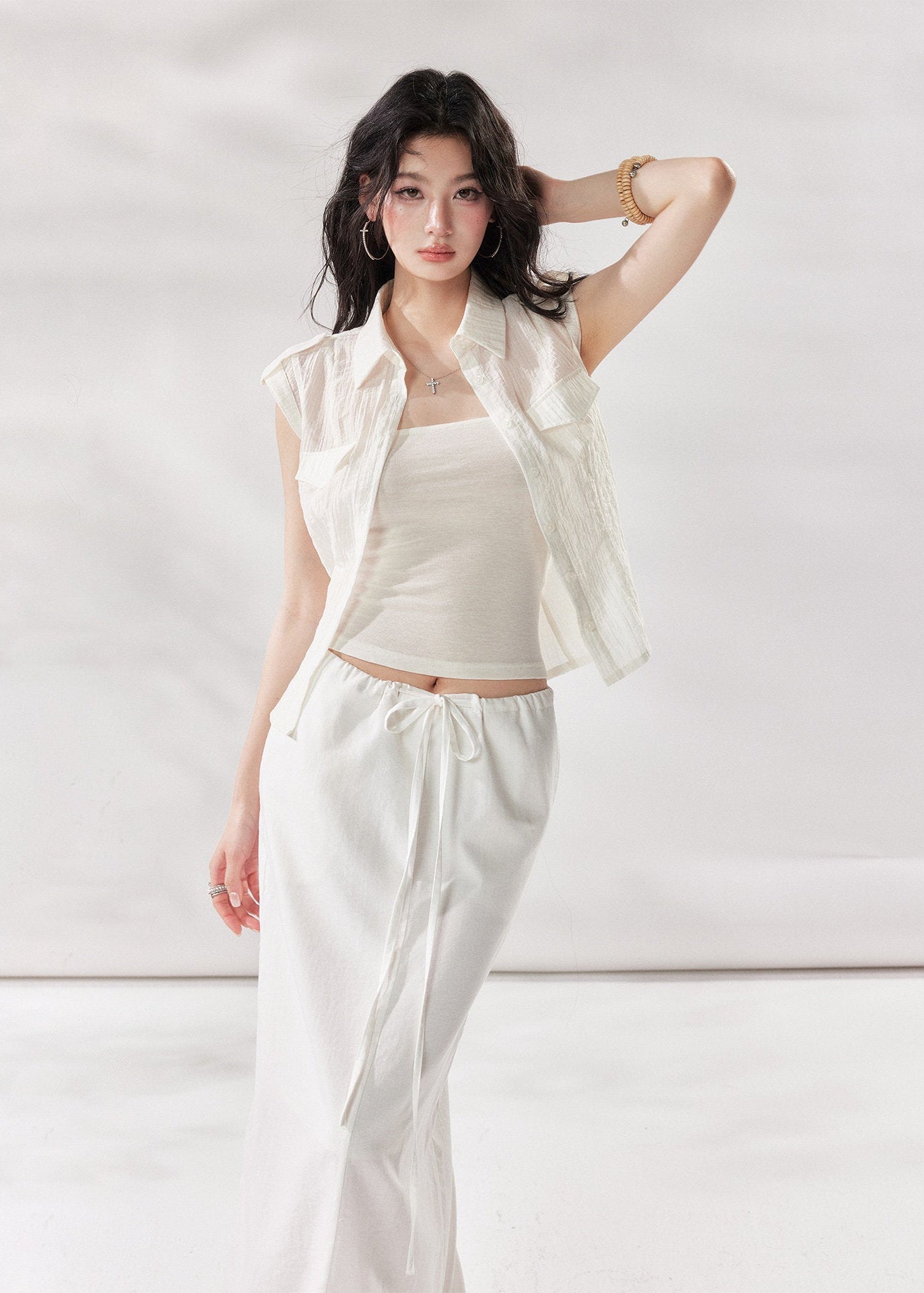 white layering top, tencel shirt women, camisole shirt set, summer two piece top, white short sleeve shirt women, korean fashion top, minimalist summer outfit, casual city outfit women, lightweight summer shirt, stylish layering set