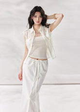 white layering top, tencel shirt women, camisole shirt set, summer two piece top, white short sleeve shirt women, korean fashion top, minimalist summer outfit, casual city outfit women, lightweight summer shirt, stylish layering set