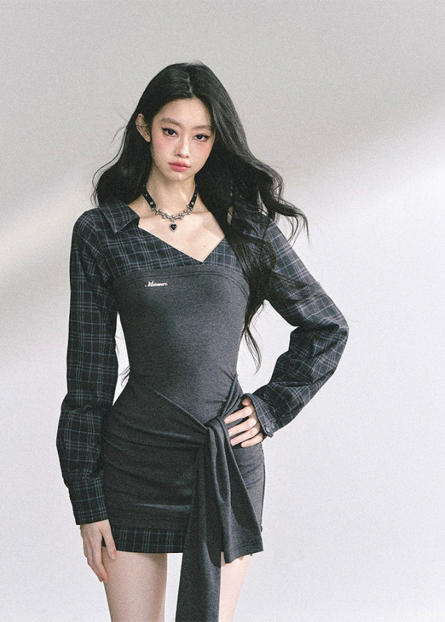 slim fit plaid sleeve dress, fake two piece dress women, Korean style mini dress, college girl plaid dress, trendy slim bodycon dress, autumn fashion mini dress, K-fashion plaid dress, American royal sister dress, check sleeve mini dress, waist tie bodycon dress, elegant plaid dress for women, sexy hip-hugging dress, summer slim plaid dress, girl group fashion dress, stylish campus dress for women
