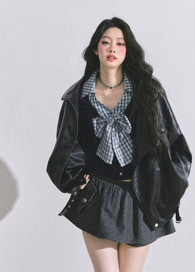 plaid bow top, faux two piece top, layered knit blouse, Korean style bow shirt, American prep knit top, plaid ribbon top, autumn slimming top women, trendy Korean American fashion, cute bow knit, campus girl outfit, elegant faux two piece shirt, plaid bow aesthetic top, boutique bow blouse, prep style knitwear