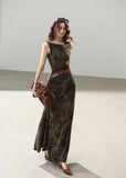Moss green floral maxi dress with delicate lace waist panel