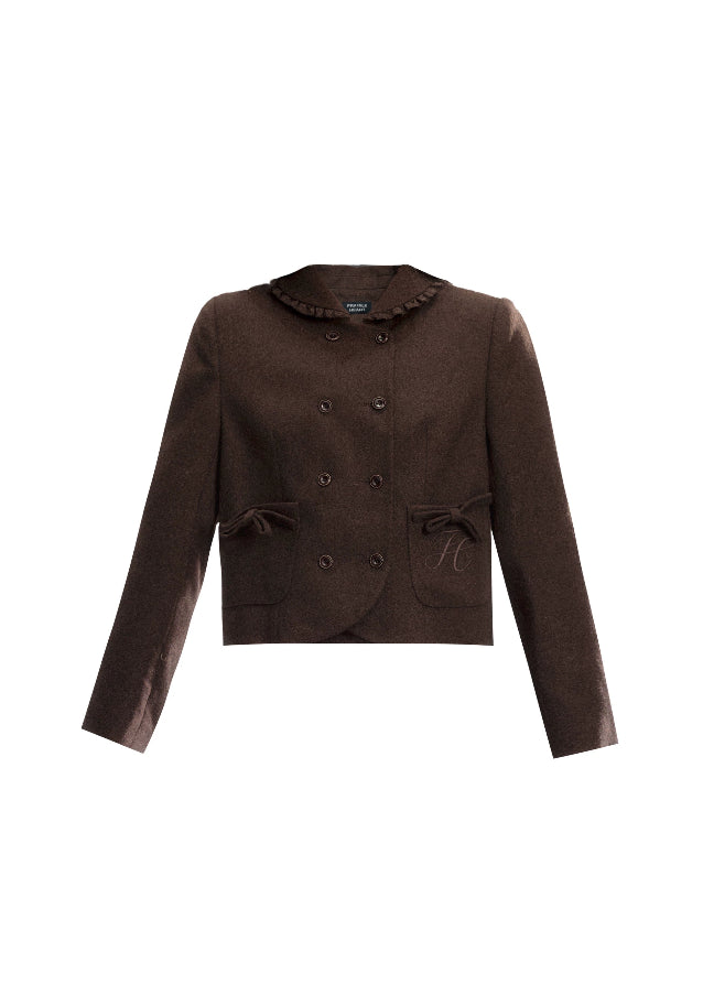 Fragileheart skirt suit set, brown pleated two-piece, luxury Korean fashion, doll collar jacket, vintage feminine outfit, quiet luxury womenswear, pastel noir aesthetic, elegant autumn ensemble, K-fashion 2025, romantic preppy look, mocha brown outfit, chic bow jacket set, soft classic fashion, refined Korean style