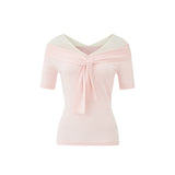 メッシュディテールの魅力的なオフショルダーツイストトップ