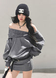 grey off shoulder dress, oversized sweatshirt dress, one shoulder sweat dress, autumn winter street dress, grey mini sweatshirt, american style sweater dress, fw25 oversized dress, korean street fashion dress, grey off shoulder top dress