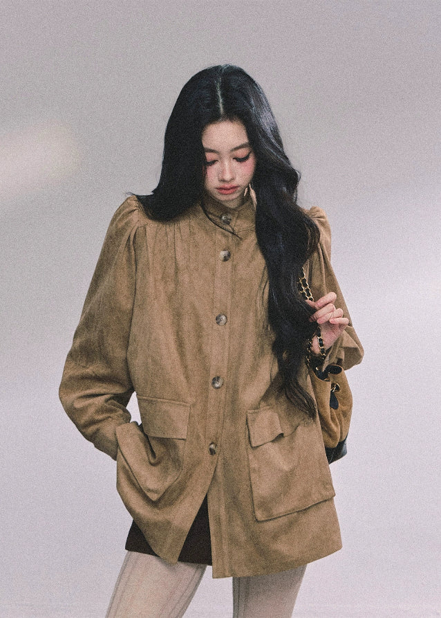 suede jacket women, belted suede coat, stand collar suede top, fall winter suede blazer, korean fashion outerwear, french style jacket, mocha brown jacket, loose suede coat women, trendy suede outfit, soft suede blazer, autumn winter fashion women, korean american street style, chic brown coat women