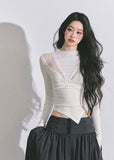 lace knit top, asymmetrical lace top, irregular cut long sleeve, Korean fashion top, Korean lace blouse, sexy lace T-shirt women, elegant lace knitwear, autumn lace top, sheer lace long sleeve, hollow lace shirt, Korean street style tops, Korean chic fashion, French style lace blouse, lace cutout top, women's fall lace shirt, aesthetic long sleeve top, Y2K lace top women, slim fit lace knit top, trendy lace long sleeve