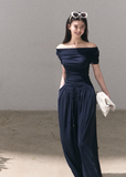 Deep navy off-shoulder top and wide-leg pants set