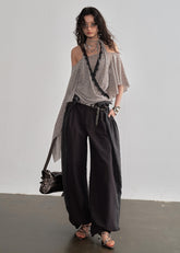JNYLON lantern pants women, Korean stylish bubble trousers, natural style pleated pants women, modern Korean fashion wide leg pants, chic relaxed drawstring trousers, trendy Korean street chic outfit, patchwork pleated lantern pants Korean style, urban fashion wide trousers women, stylish Korean aesthetic pants, fashionable natural style relaxed trousers